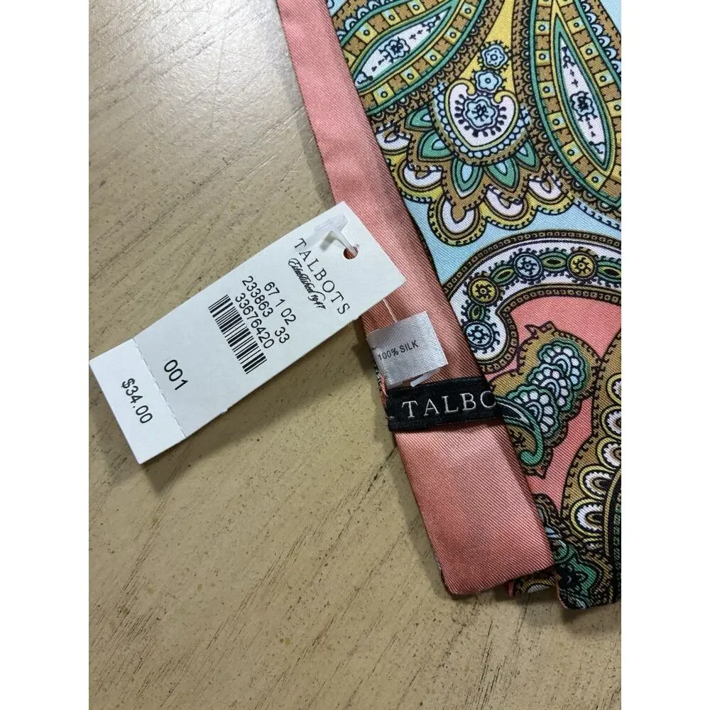 NWT Talbots 100% Silk Skinny Scarf Twilly Paisley Scarf Pink Teal Orange Boho